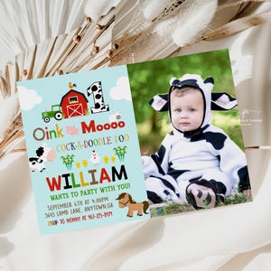 Farm Birthday Invitation Template Barnyard Animals Party Editable Photo Invite image 1