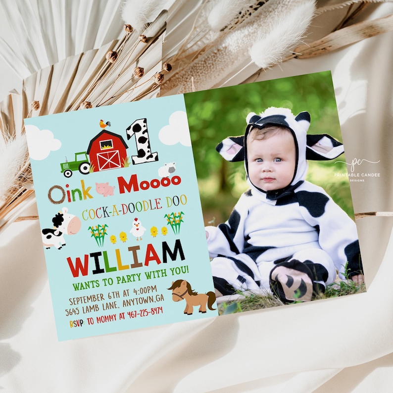 Farm Birthday Invitation Template Barnyard Animals Party Editable Photo Invite image 1