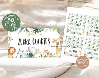 May include: Printable favour tags with a jungle theme. The tags feature a variety of animals including a zebra, giraffe, lion, rhino, elephant, and tiger. The text on the tags reads "Zebra Cookies", "Peanut Brittle", "Tiger Bites", and "Cheetah Chips".
