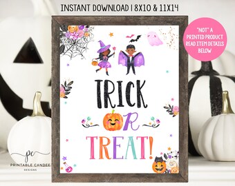 Halloween Trick or Treat Sign Costume Party Decor Girl Theme Pink Witch Vampire Instant Download Printable