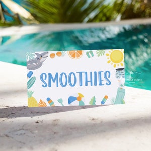 Bewerkbare One In The Sun 1e verjaardag Voedseletiketten Tropische zomerdecor Jongen haaienzwembadfeest Eten Tentkaarten sjabloon OITSB