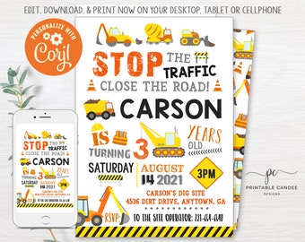 May include: Construction themed birthday party invitation with a yellow excavator, a yellow dump truck, and a yellow cement mixer. The invitation says "Stop the Traffic, Close the Road! Carson is turning 3 years old. Saturday, August 14, 2021, 3PM. Carson's Dig Site, 4536 Dirt Drive, Anytown, GA. RSVP: To the Site Operator: 231-654-6540"