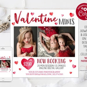 May include: A printable Valentine's Day photo session advertisement with a red heart design. The ad features two girls in red dresses and a crown, with text that says "Valentine Minis" and "Now Booking".