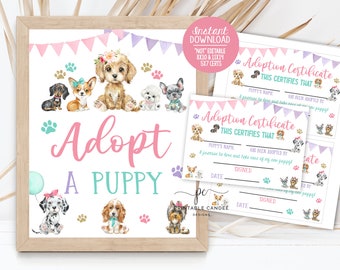 May include: Adopt a Puppy sign with a pink and teal color scheme. The sign features a variety of watercolor puppy illustrations and the text "Adopt a Puppy". There are also printable adoption certificates with the text "Adoption Certificate This Certifies That".