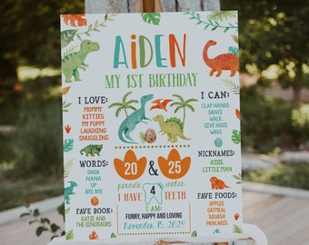 Puede incluir: Un cartel de hitos para el primer cumpleaños de Aiden con temática de dinosaurios. El cartel presenta un dinosaurio verde y naranja, un dinosaurio azul y un dinosaurio rojo. El cartel también incluye información sobre la edad, el peso, la altura y las cosas favoritas de Aiden. El texto del cartel dice: "Aiden, Mi Primer Cumpleaños, Me Encanta: Mamá, Gatitos, Mi Cachorro, Reír, Acurrucarme, Palabras: Papá, Abuela, Arriba, Adiós, Libro Favorito: Katie y los Dinosaurios, 20 libras, 4 dientes, 25 pulgadas, Puedo: Aplaudir, Bailar, Caminar, Abrazar, Saludar, Apodos: Aidie, Pequeño Hombre, Comida Favorita: Manzanas, Avena, Calabaza, Panqueques, Soy: Divertido, Feliz y Cariñoso, 15 de noviembre de 2024."