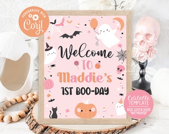 Letrero de bienvenida de Halloween, decoración de fiesta fantasma rosa, tema de niña, letrero espeluznante de cumpleaños, descarga instantánea, imprimible digital