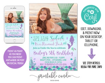 Mermaid Birthday Invitation Purple Teal Gold Party Landscape Photo Theme Invite Instant Download Editable File Printable DIY File
