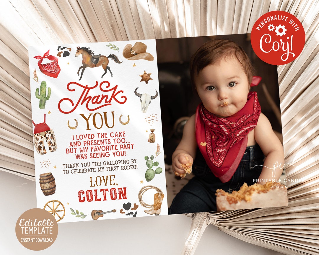 Editable Cowboy Thank You Red 1st Rodeo Party Wild West Birthday Theme ...