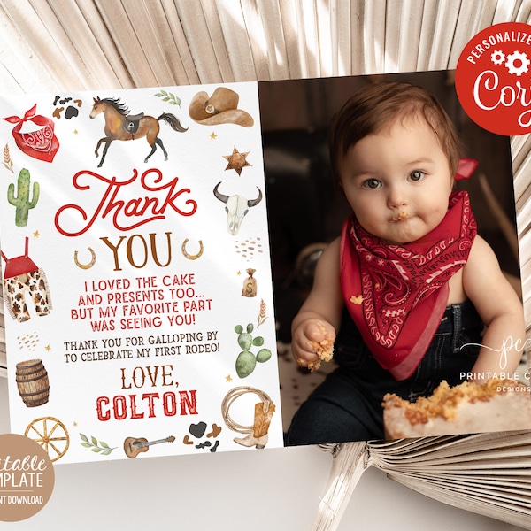 Editable Cowboy Thank You Red 1st Rodeo Party Wild West Birthday Theme Template Printable Instant Download