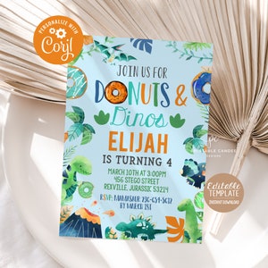 May include: Editable dinosaur and doughnut themed birthday party invitation with a blue background. The invitation features a green dinosaur, a volcano, and doughnuts. The text on the invitation reads "Join us for Donuts & Dinos Elijah is turning 4 March 10th at 3:00pm 456 Stego Street Rexville, Jurassic 53214 RSVP: Mamasaur 236-651-5612 by March 1st".