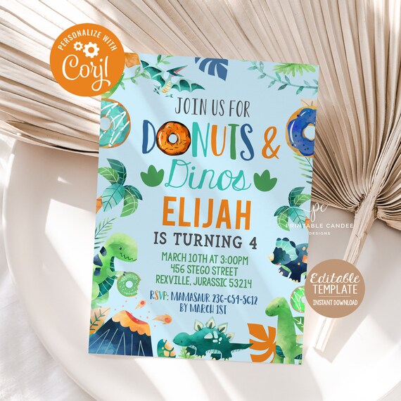 Donuts and Dinos Invitation Dinosaurs and Donuts Boy Birthday Theme Template Instant Download Editable Printable File
