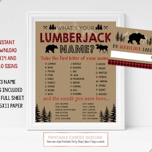 Jeu de nom de bûcheron Ours Moose Deer Thème Party Decor Printables Table Party Sign Favors Téléchargement instantané