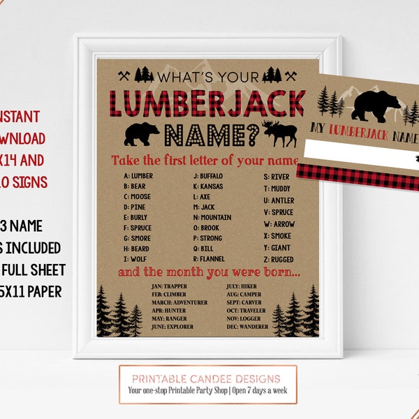 Lumberjack name game Bear Moose Deer Theme Party Decor Printables Table Party Sign Favors Instant Download