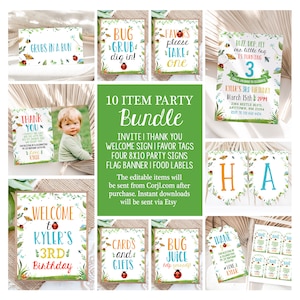 Editable Bug Party Bundle Insect Theme Birthday Decor Boy Invite Signs Favors Printable Templates Instant Download