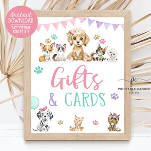 Signe cadeau pour animaux de compagnie, fête d'anniversaire pour chien, chiot, décor de cartes, thème chaton, fille, chat, Table, décor imprimable à l'aquarelle
