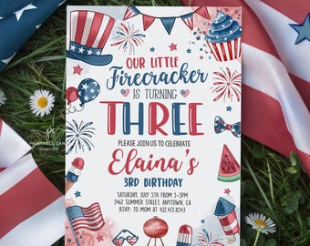 Editable 4th of July Girl Birthday Invite Little Firecracker Editable Invitation Template Printable LFJD
