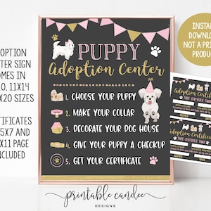 Puppy Adoption Certificate Dog Birthday Party Theme Girls Pet Birthday Pink Gold Printable Decor