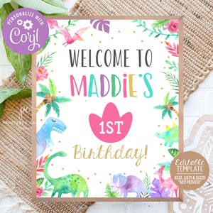 Editable Dinosaur Welcome Sign Girl Birthday Party Pink Dino Party Theme Table Sign Template Printable DGGPT