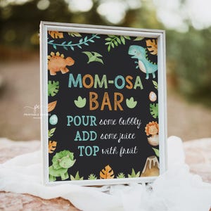 Dinosaurier Baby Shower Momosa Bar Schild Junge Dino Tisch Dekor grün Orange Blau Thema Printable Instant Download BGOSD