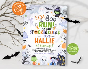 May include: A Halloween-themed invitation with watercolor illustrations of a ghost, witch, and other spooky characters. The invitation includes the text "EEK! BOO! RUN!" and "Spooktacular Fun!" with the name "Hallie" and the age "8".