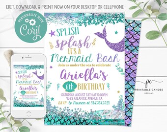 Zeemeermin verjaardagsuitnodiging paarse Teal Gold Party thema zeemeerminnen uitnodigen Instant Download bewerkbaar bestand afdrukbaar