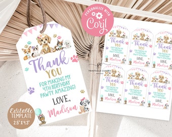 May include: Printable thank you tags featuring a watercolor illustration of a group of dogs and puppies. The tags are decorated with purple, pink, and teal accents and have the text "Thank You for making my 4th birthday pawty amazing! Love, Madison".