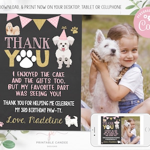 Girl Puppy Thank you Pink and Gold Dog Party Pet Theme Printable File Editable Template