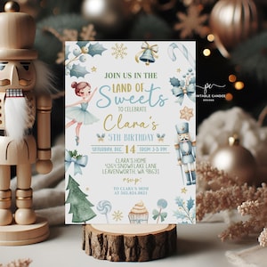 Editable Nutcracker Birthday Invitation Winter Sugar Plum Fairy Invite Girl Blue Party Template Printable
