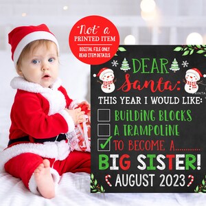 Christmas List Pregnancy Announcement Child Holiday Sign Dear Santa Big Brother or Sister Chalkboard Printable Digital