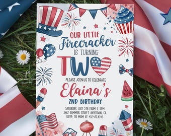 Editable 4th of July Girl 2nd Birthday Invite Little Firecracker Editable Invitation Template Printable LFJD