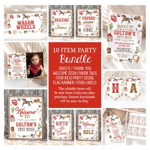 Editable Cowboy Party Bundle 1st Rodeo Party Theme Red Wild West Birthday Ranch Invite Signs Favors Printable Templates Instant Download