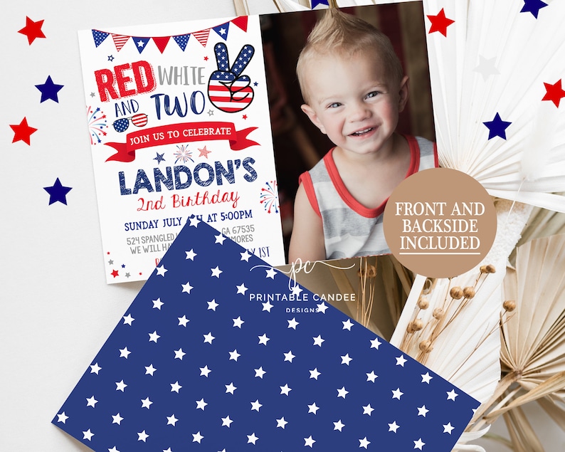 4th of July 2nd Birthday Invitation Red White and Two Patriotic Stars ...