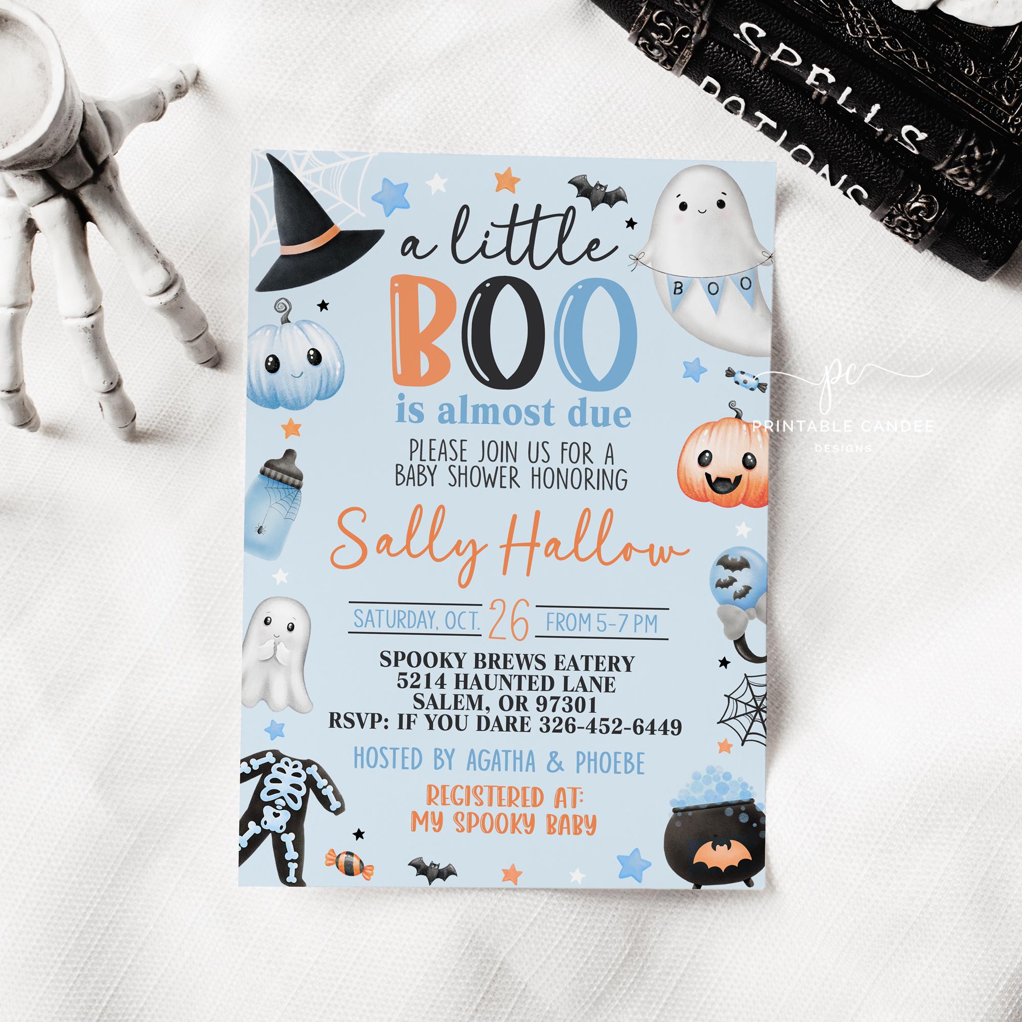 Editable Blue A Little Boo Baby Shower Invitation Boy Halloween Baby Shower Invite Ghost Halloween  Shower Theme Template BBHS