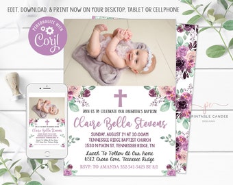 Baptism Invitation Editable Template Purple Floral Printable Christening Invite Girl Dedication Photo Card Instant Download