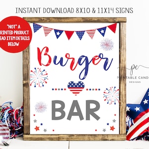 4th of July Burger Bar Sign Red White and Blue Firecracker Birthday Food Signs Patriotic Stars Stripes Party Decor Download Printable