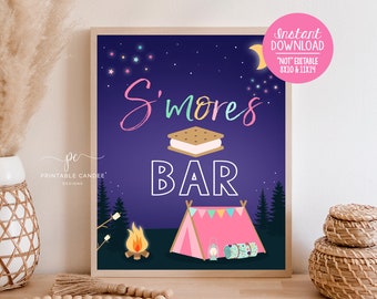 S'mores Bar Party Sign Girl Camping Smores Station Bonfire Birthday Decor Backyard Glamping Sleepover Theme Printable