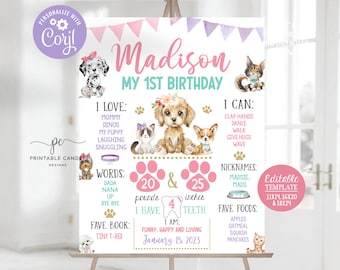 Op de afbeelding: Een roze en paarse mijlpaalposter voor de eerste verjaardag met een hondenthema. De poster bevat de naam van een meisje, "Madison", en details over haar eerste jaar, waaronder haar gewicht, lengte, favoriete etenswaren en meer. De poster is versierd met schattige illustraties van honden en puppy's.