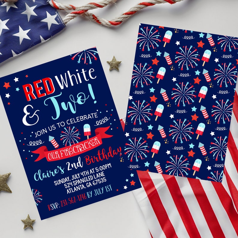 4th of July 2nd Birthday Invitation Red White and Two Firecracker ...