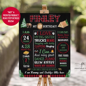 Camping First Birthday Stats Sign Lumberjack Chalkboard Milestone Poster Bear Party Decor Printable