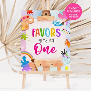 Art Birthday Favor Sign Painting Party Decor Rainbow Artist Theme Brushes Easel Watercolor Digital Download Printable APG1