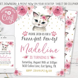 Girl Cat Invitation Editable Kitty Birthday Invitation Instant - Etsy
