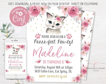 Girl Cat Invitation Editable Floral Kitty Birthday Invitation Instant Download Pet Party Invite Template Printable