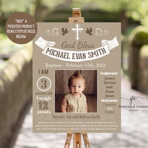 Boy Baptism Stats Sign Christening Table Sign Burlap Neutral Milestone Poster Baptism Party Decor Photo Prop Dedication Printable File