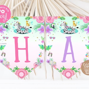 Puede incluir: Una pancarta con las letras "HA" en rosa y morado, decorada con ilustraciones tropicales. La pancarta presenta una cebra en un flotador, tucanes y elementos florales. El texto "PERSONALIZE WITH Corjl" está en la parte superior.