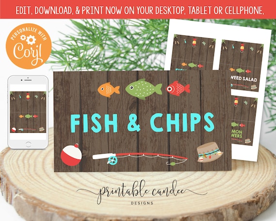 Fishing Food Tents Fish Food Labels Party Decor the Big One Rustic  Printables Tood Tent Template 