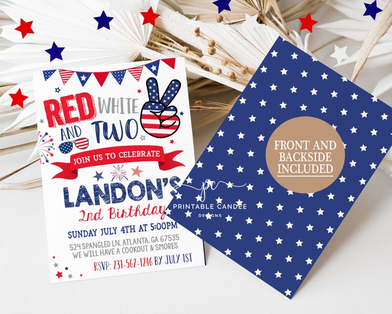 4th of July 2nd Birthday Invitation Red White and Two Patriotic Stars ...