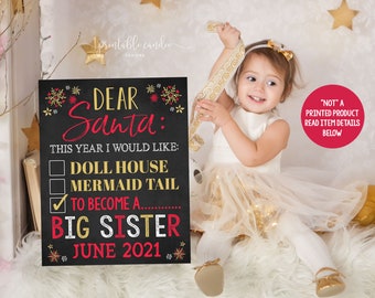 Christmas Pregnancy Announcement Holiday Dear Santa Letter Big Sister Gold Red Chalkboard Printable Sign Digital
