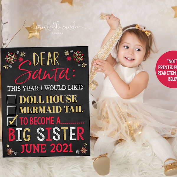 Christmas Pregnancy Announcement Holiday Dear Santa Letter Big Sister Gold Red Chalkboard Printable Sign Digital