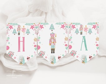 Editable Nutcracker Flag Banner Winter Sugar Plum Fairy Party Girl Pink Printable Decor PNTO