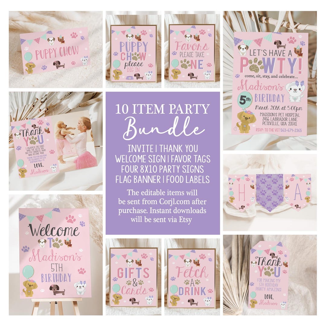 Puppy Party Bundle Templates Pink Dog Pawty Birthday Decor Printable ...